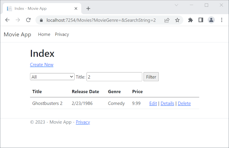 https://localhost:5001/Movies?MovieGenre=Comedy&SearchString=2 の結果を示すブラウザー ウィンドウ