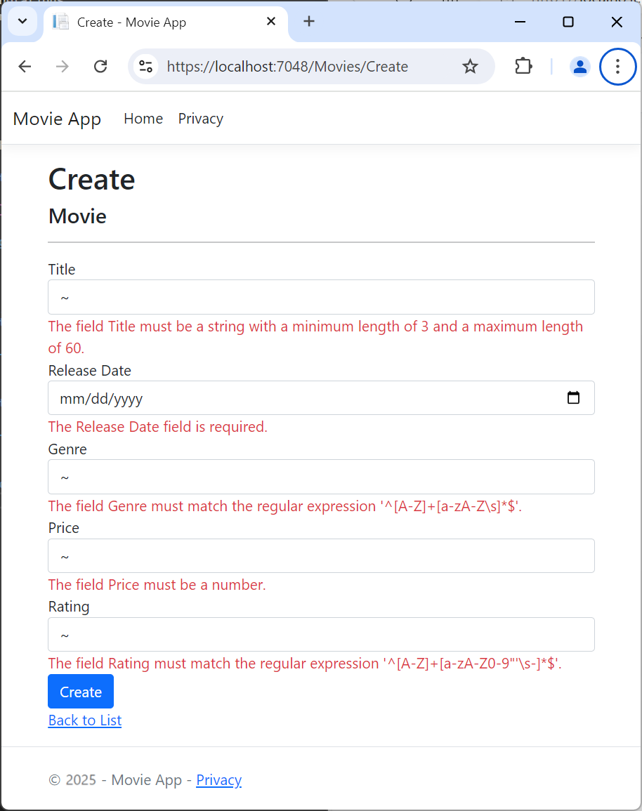 複数の jQuery クライアント側検証エラーのあるムービー ビュー フォーム