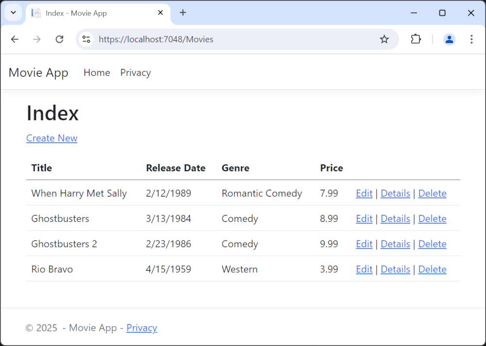 ムービー データが表示された、Microsoft Edge で開かれている MVC ムービー アプリ