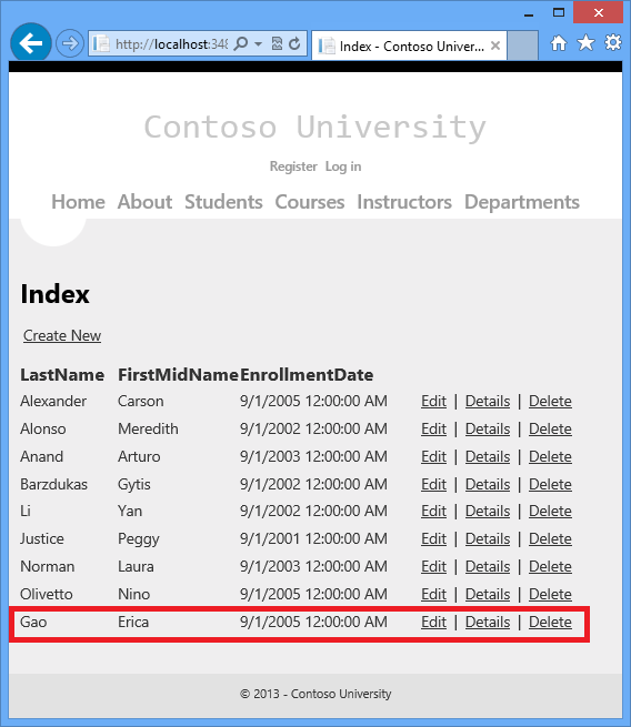 Contoso University Student Details ページを示すスクリーンショット。