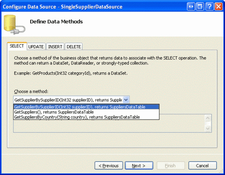 GetSupplierBySupplierID(supplierID) メソッドを使用するように SingleSupplierDataSource ObjectDataSource を構成する