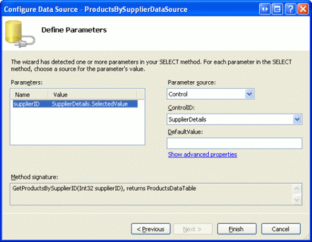 SuppliersDetails DetailsView の SelectedValue プロパティをパラメーター ソースとして使用する