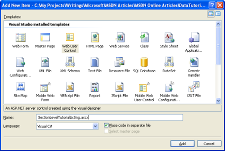 UserControls フォルダーに新しい Web ユーザー コントロールを追加する