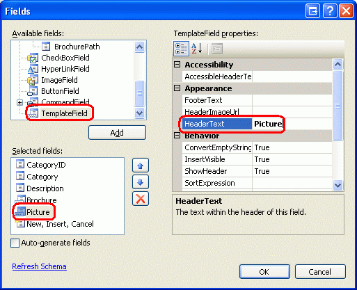 TemplateField、Picture、HeaderText が強調表示されているフィールド ウィンドウを示すスクリーンショット。