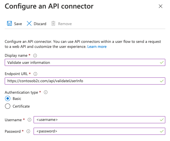 API コネクタの基本的な認証構成を提供する。
