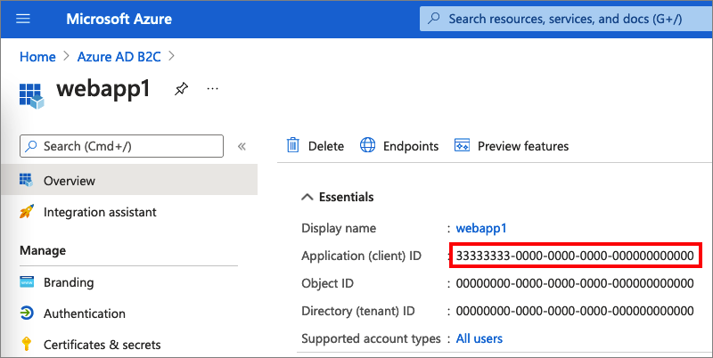 Web アプリケーション ID を記録するための Web アプリの [概要] ページのスクリーンショット。