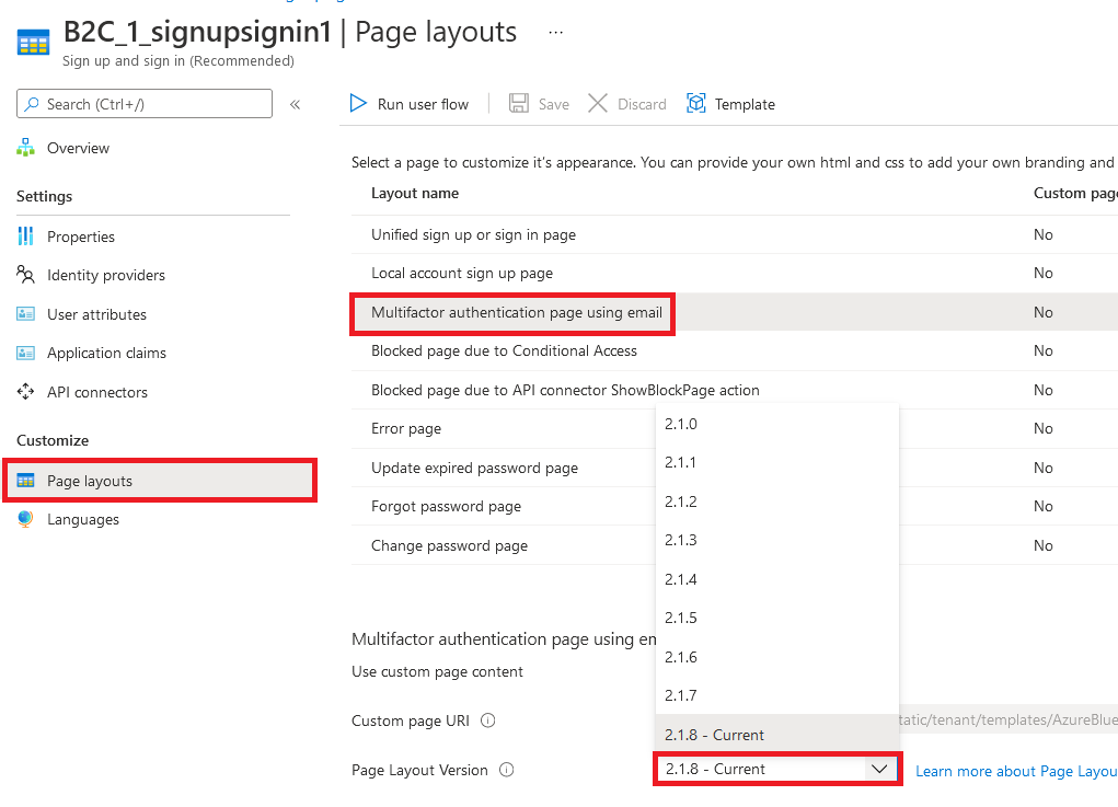 Azure portal での Azure AD B2C でのページ レイアウトの選択。