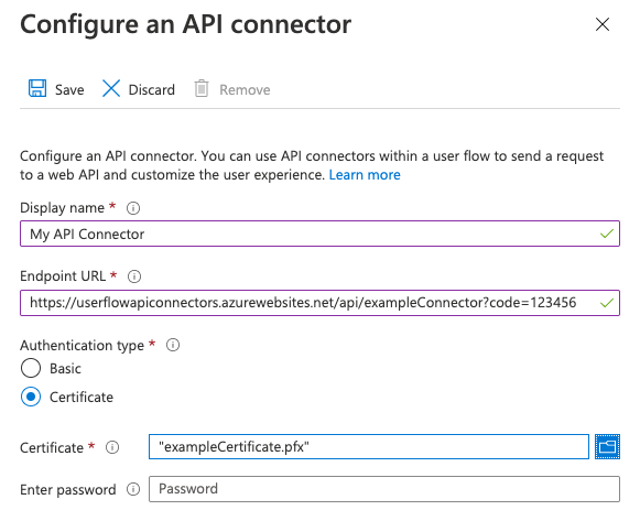 API コネクタの証明書認証構成を提供する。