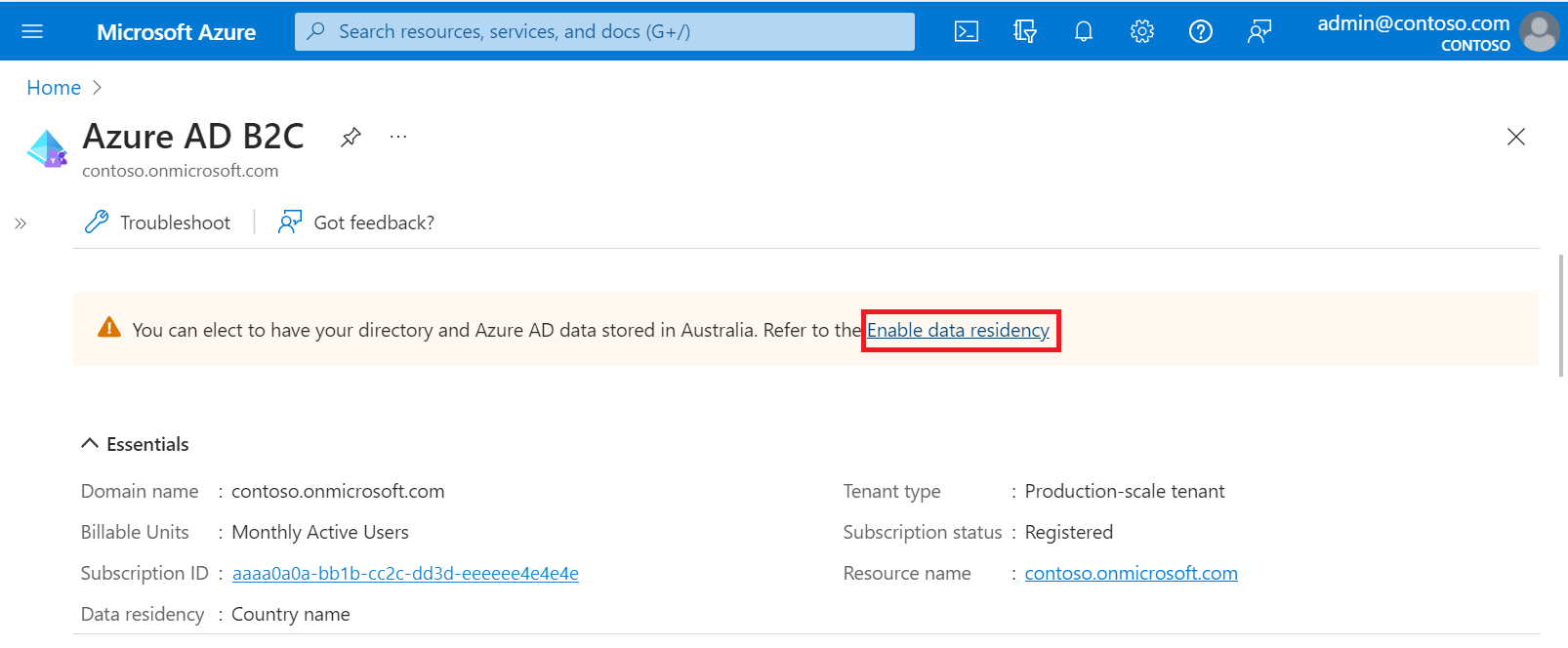 Azure portal で Azure AD B2C Go-Local アドオンにオプトインするスクリーンショット。