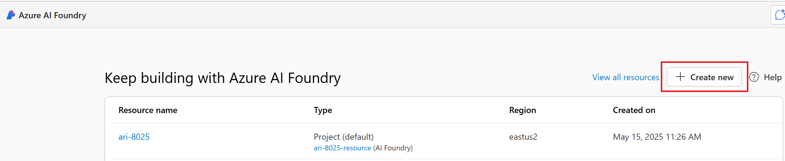 Azure AI Foundry で新しいプロジェクトを作成する方法を示すスクリーンショット。