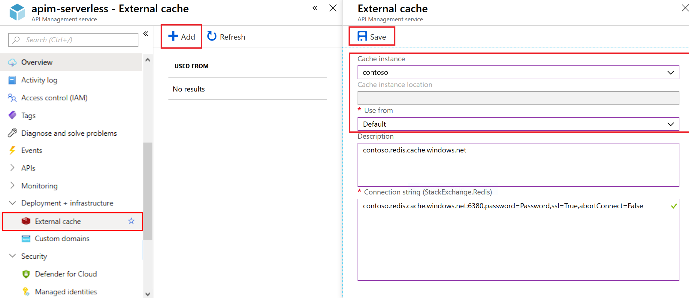 Azure API Management に外部の Azure Cache for Redis を追加する方法が示されているスクリーンショット。