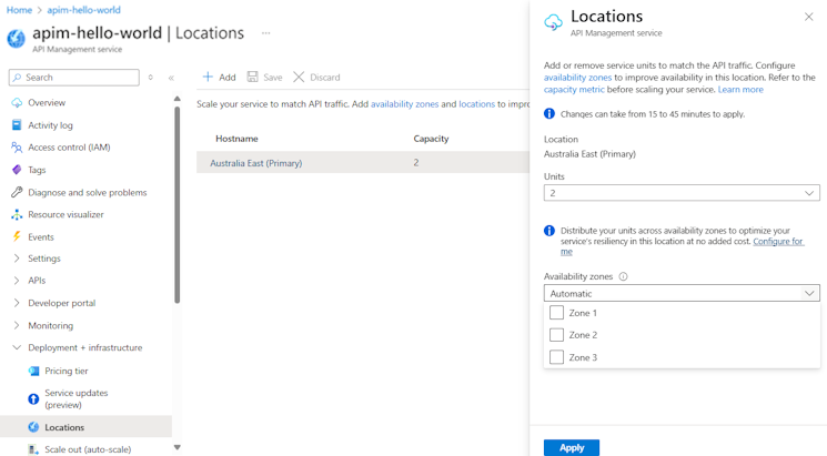 仮想ネットワークに挿入されていない API Management インスタンスの既存の場所の可用性ゾーンの構成を示すスクリーンショット。