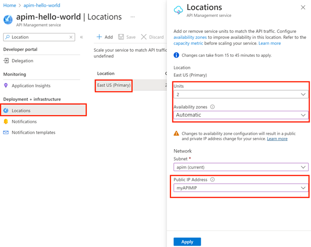 仮想ネットワークに挿入された API Management インスタンスの既存の場所の可用性ゾーンの構成を示すスクリーンショット。