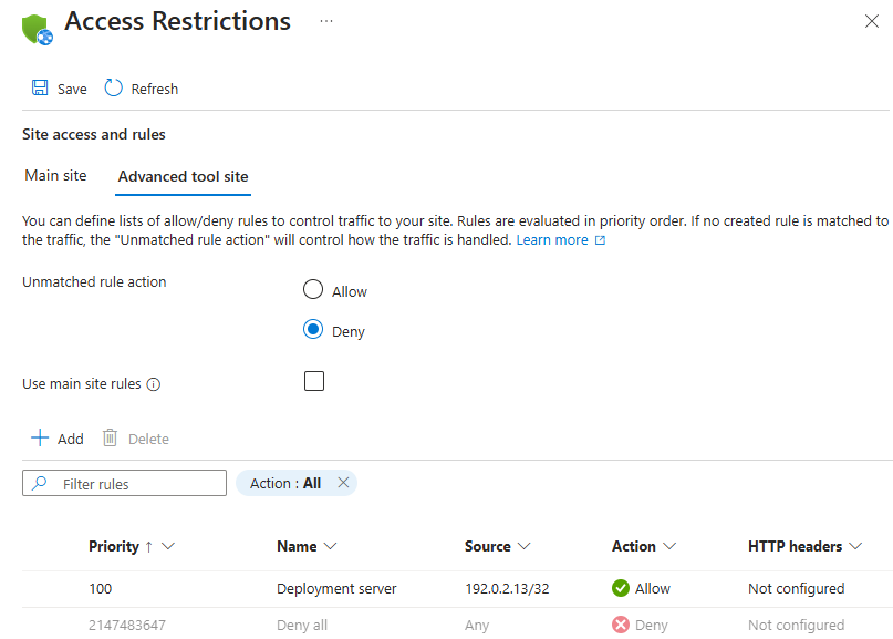 SCM サイトまたはアプリに対してアクセス制限が設定されていないことを示す、Azure portal の [アクセス制限] ウィンドウのスクリーンショット。