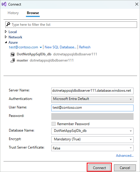 Visual Studio からのデータベース接続の構成を示すスクリーンショット。