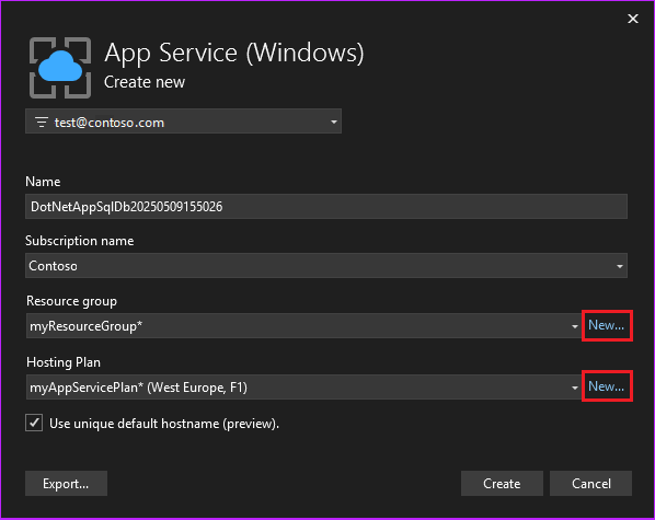 App Service プランの作成を示すスクリーンショット。