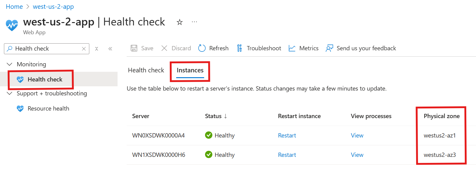 App Service アプリ用の Azure portal の物理ゾーン情報を含む [正常性チェック] ブレードの [インスタンス] タブのスクリーンショット。