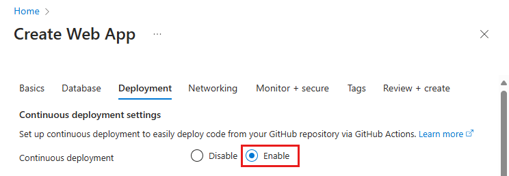 App Service 作成の [デプロイ] タブで GitHub Actions のデプロイを有効にする方法を示すスクリーンショット。