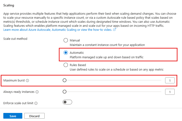Azure portal での自動スケーリングを示すスクリーンショット
