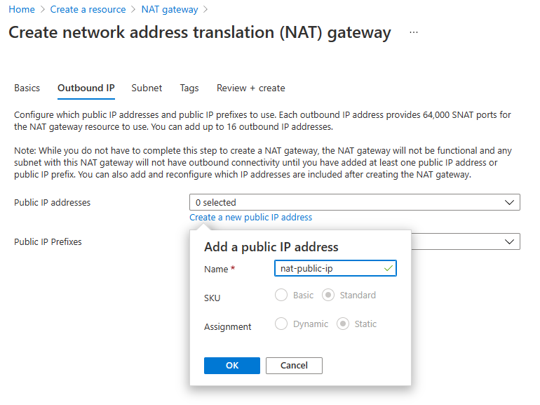 NAT ゲートウェイを作成するページの [送信 IP] タブのスクリーンショット。