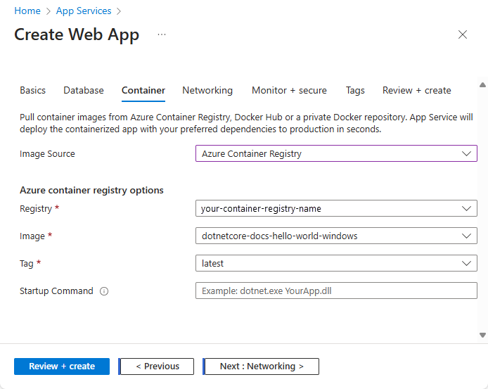 Azure Container Registry オプションを示すスクリーンショット。