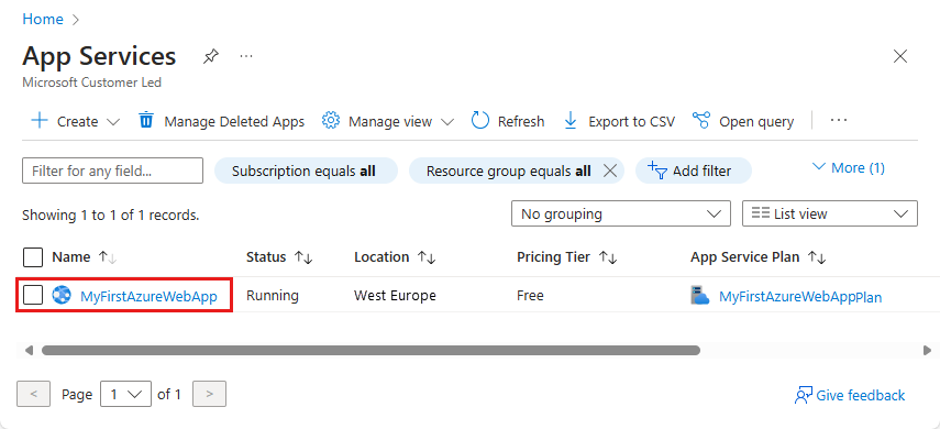 Azure portal - [App Services] ページのスクリーンショット。サンプル Web アプリが選択されています。