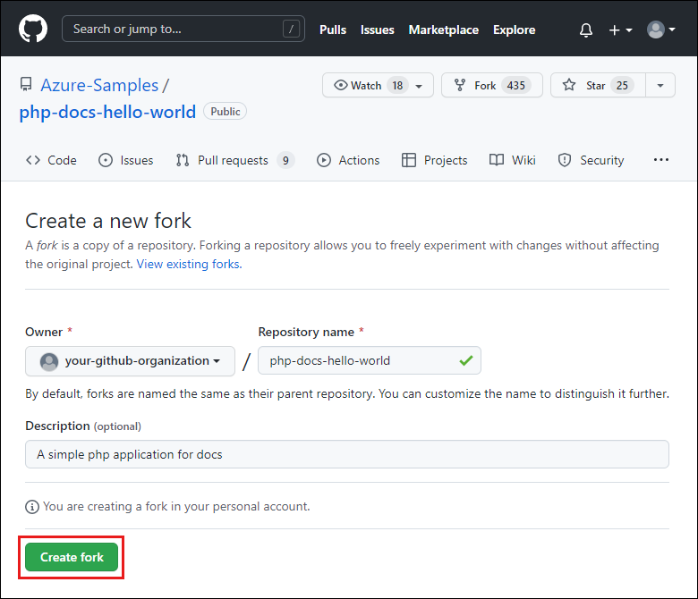 Azure サンプルの新しいフォークを作成するための GitHub の「新しいフォークの作成」ページのスクリーンショット。