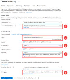 Azure portal で新しい App Service を作成するためにフォームに入力する方法のスクリーンショット。