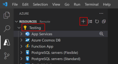 Azure Tools 拡張機能の App Service セクションと、新しい Web アプリの作成に使用されるコンテキスト メニューのスクリーンショット。