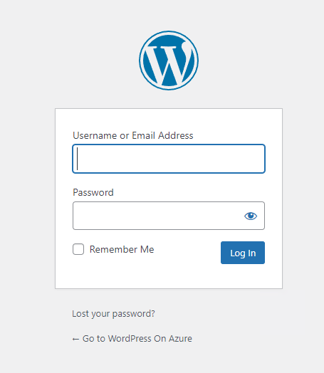 Azure App Service での WordPress 管理者ログインのスクリーンショット。