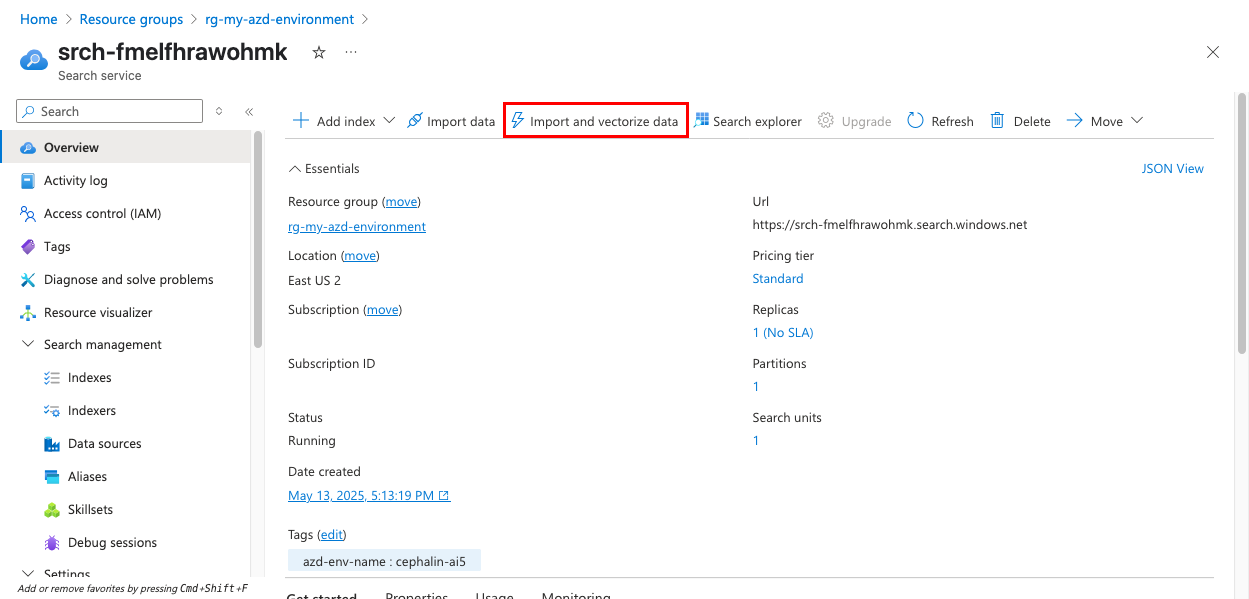 Azure AI Search の [データのインポートとベクター化] ボタンを示すスクリーンショット。