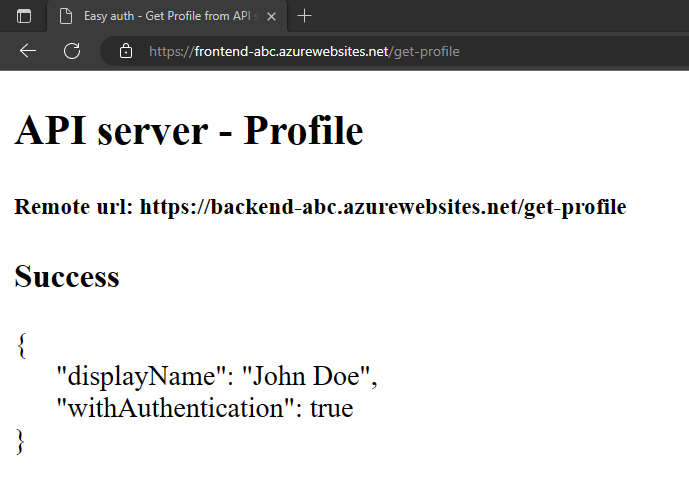 バックエンド アプリから偽のプロファイルを正常に取得した後のフロントエンド アプリケーションを示す Web ブラウザーのスクリーンショット。
