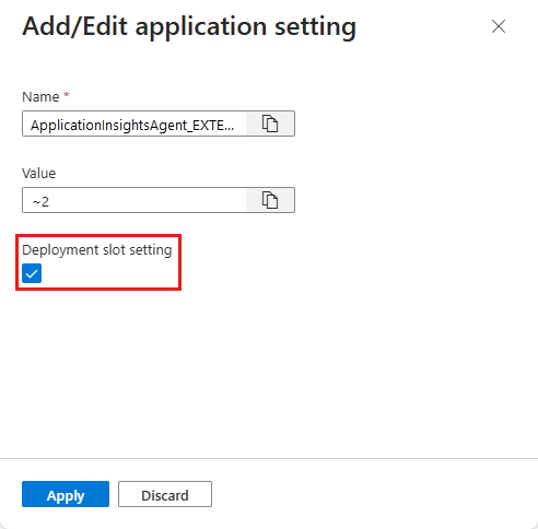 Azure portal でスロット設定としてアプリ設定を構成するためのチェック ボックスを示すスクリーンショット。