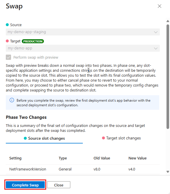 ポータルでプレビューでのスワップを構成する方法を示しているスクリーンショット。