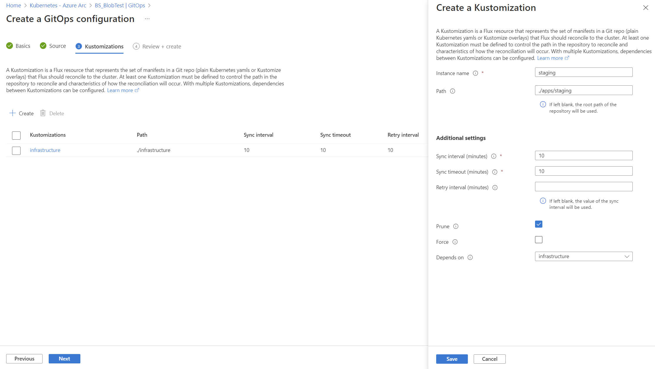 Azure portalでステージング用のカスタマイズを作成するためのオプションを示すスクリーンショット。