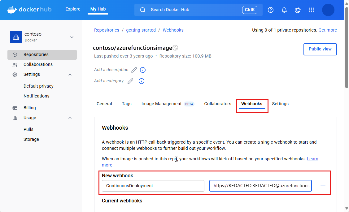 Docker Hub ウィンドウで Webhook を追加する方法を示すスクリーンショット。