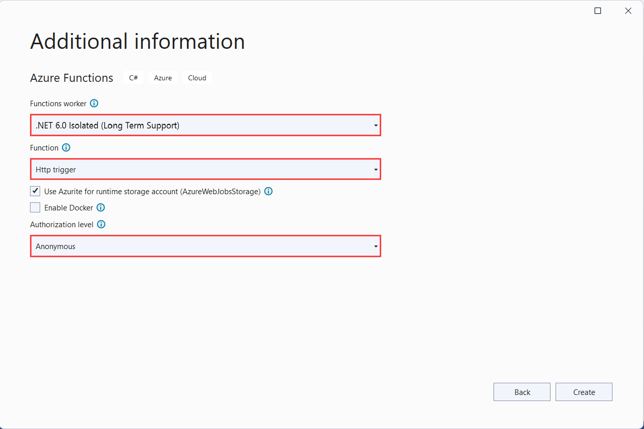 分離ワーカー モデルの Azure Functions プロジェクト設定のスクリーンショット。