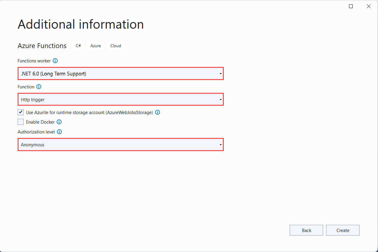 インプロセス モデルの Azure Functions プロジェクト設定のスクリーンショット。