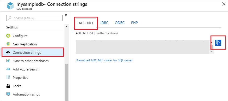 ADO.NET の接続文字列をコピーします。