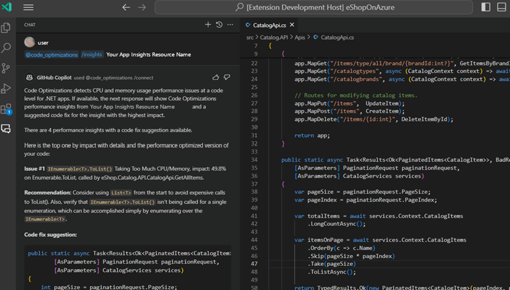 Visual Studio Code でコード最適化接続コマンドを実行した結果のスクリーンショット。