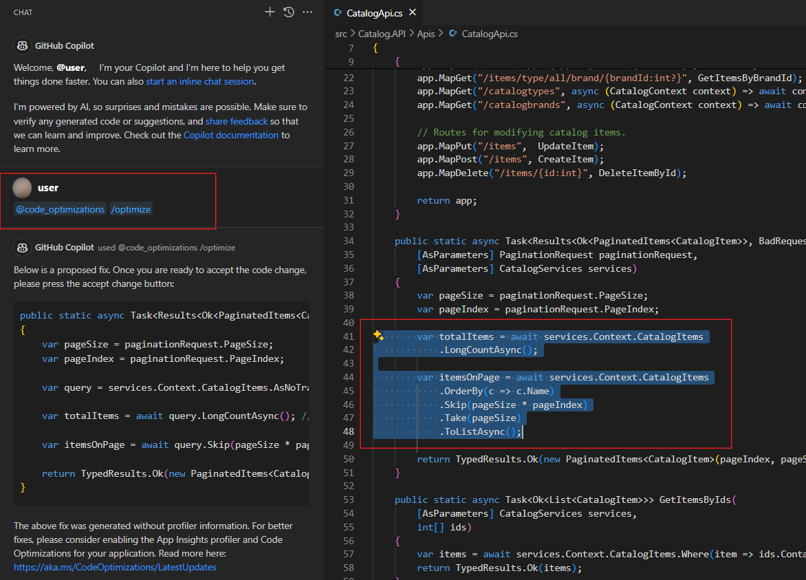 コードの最適化が有効になっていない .NET コードで optimize コマンドを実行した結果のスクリーンショット。