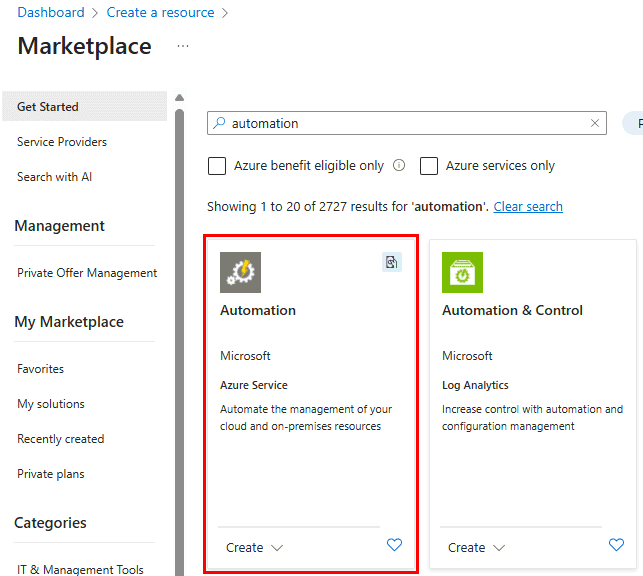 Automation を検索している Azure portal のスクリーンショット。