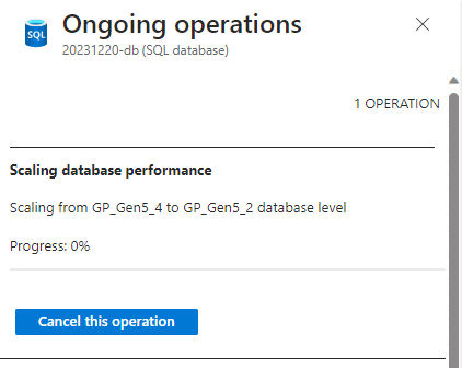 [進行中の操作] ページと [この操作の取り消し] ボタンを示す Azure portal のスクリーンショット。