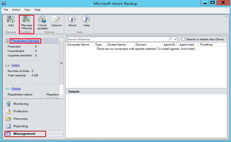 Azure Backup Server コンソールを示すスクリーンショット。