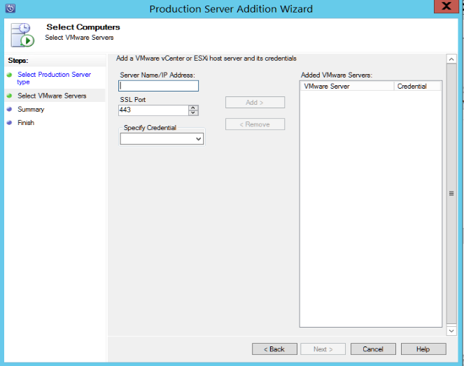 VMware サーバーを指定する方法を示すスクリーンショット。
