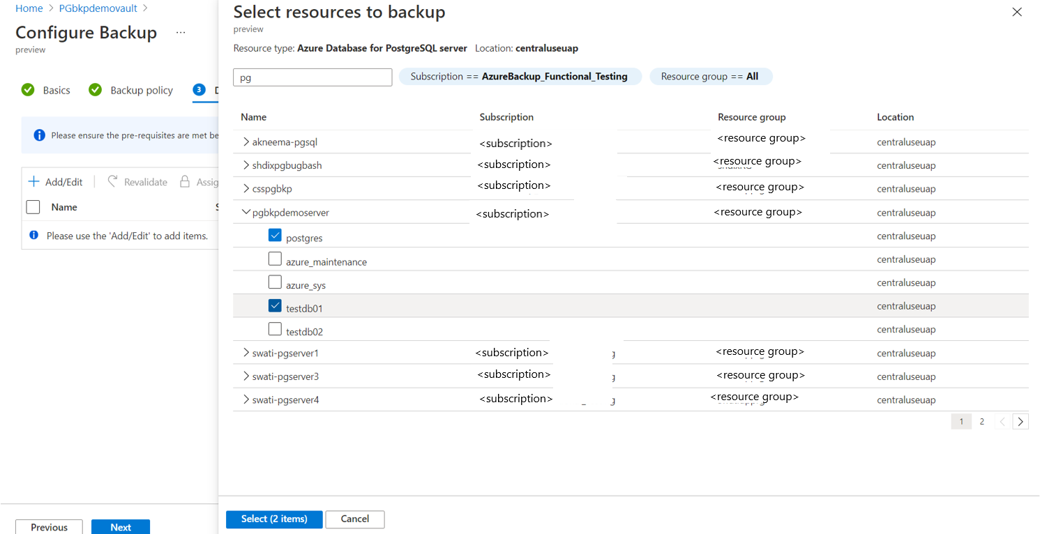 Azure Database for PostgreSQL サーバーを選択するためのペインを示すスクリーンショット。