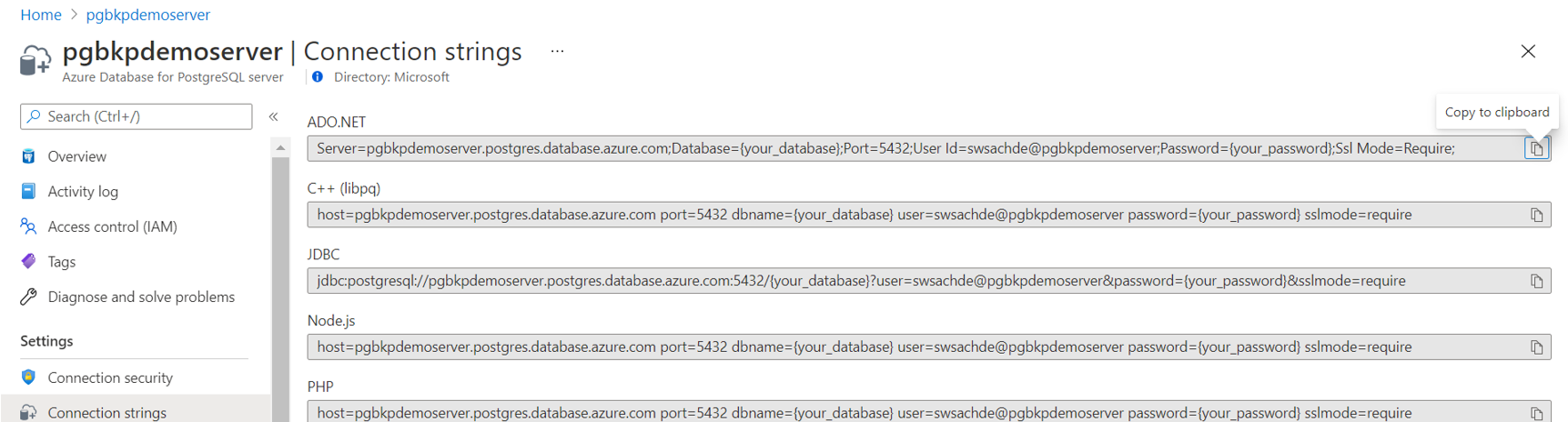 Azure Database for PostgreSQL サーバー接続文字列をシークレットとして示すスクリーンショット。