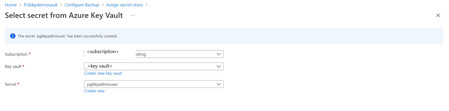 Azure Key Vault からのシークレットの選択を示すスクリーンショット。