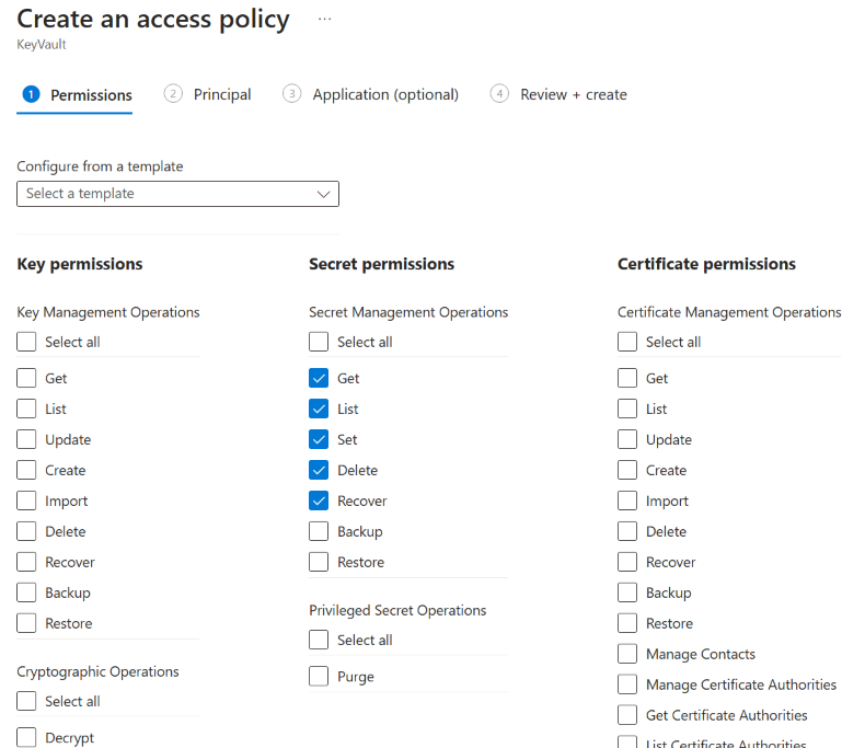 Azure Batch に対する [シークレットのアクセス許可] の選択のスクリーンショット