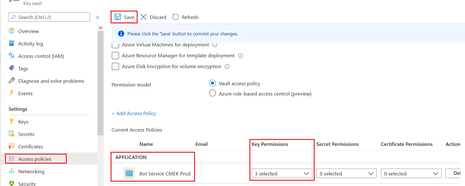 Bot Service CMEK Prod がアクセス ポリシーとして追加されました